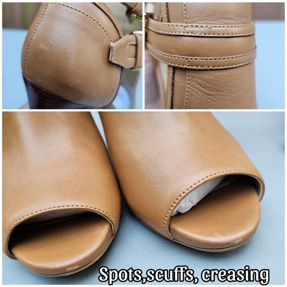 Stiletto Booties MMK Blaze Size 7 Tan Leather Gold MICHAEL KORS Buckle Heel Open - Picture 9 of 13